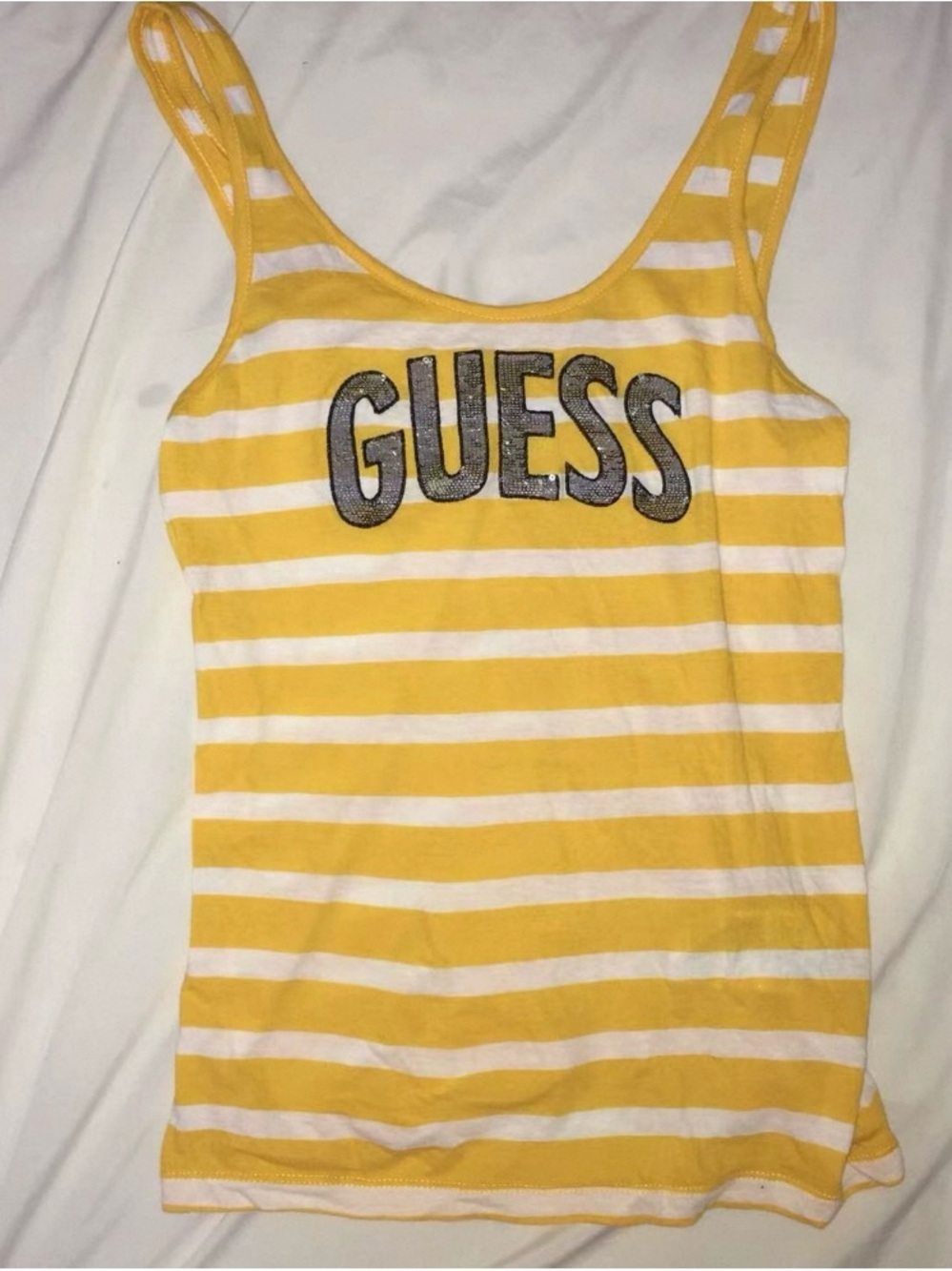 GUESS Yellow & White Striped Cropped Tank with Logo